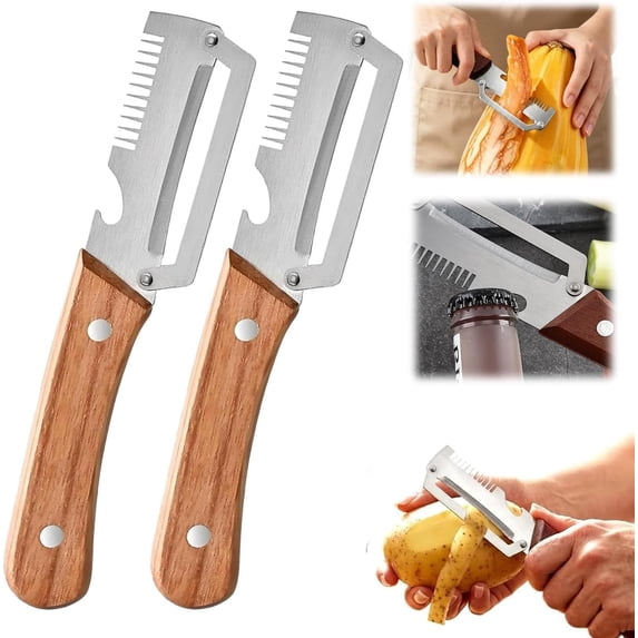 Multi-Functional Vegetable Peeler for Kitchen,3 in 1 Upgrated Stainless Steel Thickened Wooden Handle Peeler and Bottle Opener, Kitchen Gadgets Tool for Peeling Fruits and Shredding Scallions,2PC