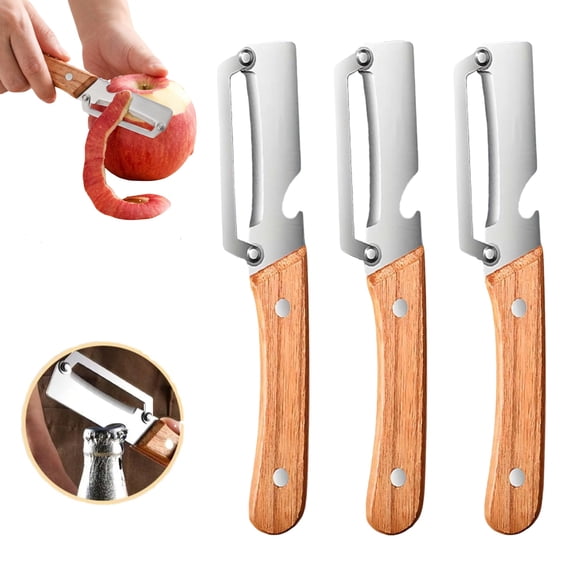 Multi-Functional Vegetable Peeler for Kitchen, 3 Pcs Ultra-Sharp Stainless Steel Blade with Wooden Handle, Built-in Bottle Opener, Swivel Peeler for Potato, Fruit