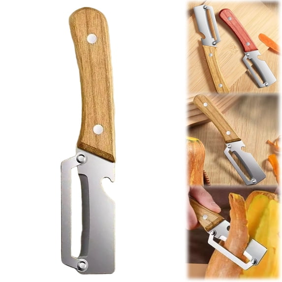 Multi-Functional Vegetable Peeler for Kitchen, Fruit and Vegetable Peeler, Stainless Steel Sharp Blades Carrot Potato Peeler with Wooden Handle and Bottle Opener, Wooden Handle Kitchen Peeler