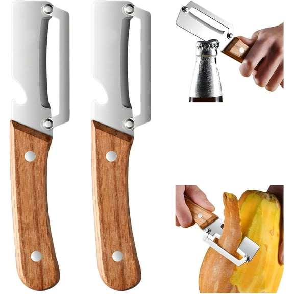 Multi-Functional Vegetable Peeler for Kitchen, Premium Vegetable Peeler with Wooden Handle and Bottle Opener Stainless Steel Blade Kitchen Tool for Fruit Apple Potato Pumpkin Papaya Zucchini
