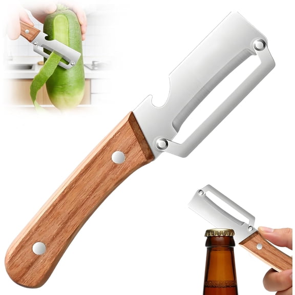 Multi-Functional Vegetable Peeler with Stainless Steel Blade & Wooden Handle, 2-in-1 Kitchen Tool, Ergonomic Design for Carrot, Pumpkin, Fruit Peeling and Bottle Opener