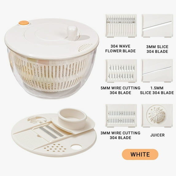 Multi-Functional Vegetable Slicer and Salad Chopper with Spinner Bowl, Manual Food Processor with Julienne and Grating Blades, Kitchen Gadget for Meal Prep with Protective Finger Guard(White)