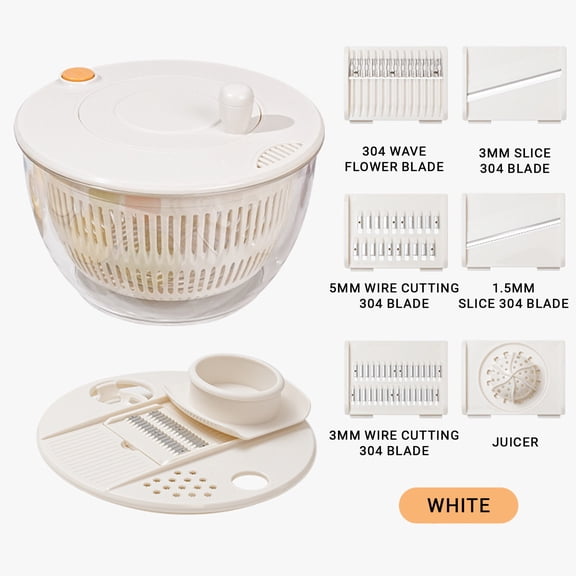 Multi-Functional Vegetable Slicer and Salad Chopper with Spinner Bowl, Manual Food Processor with Julienne and Grating Blades, Kitchen Gadget for Meal Prep with Protective Finger Guard(White)