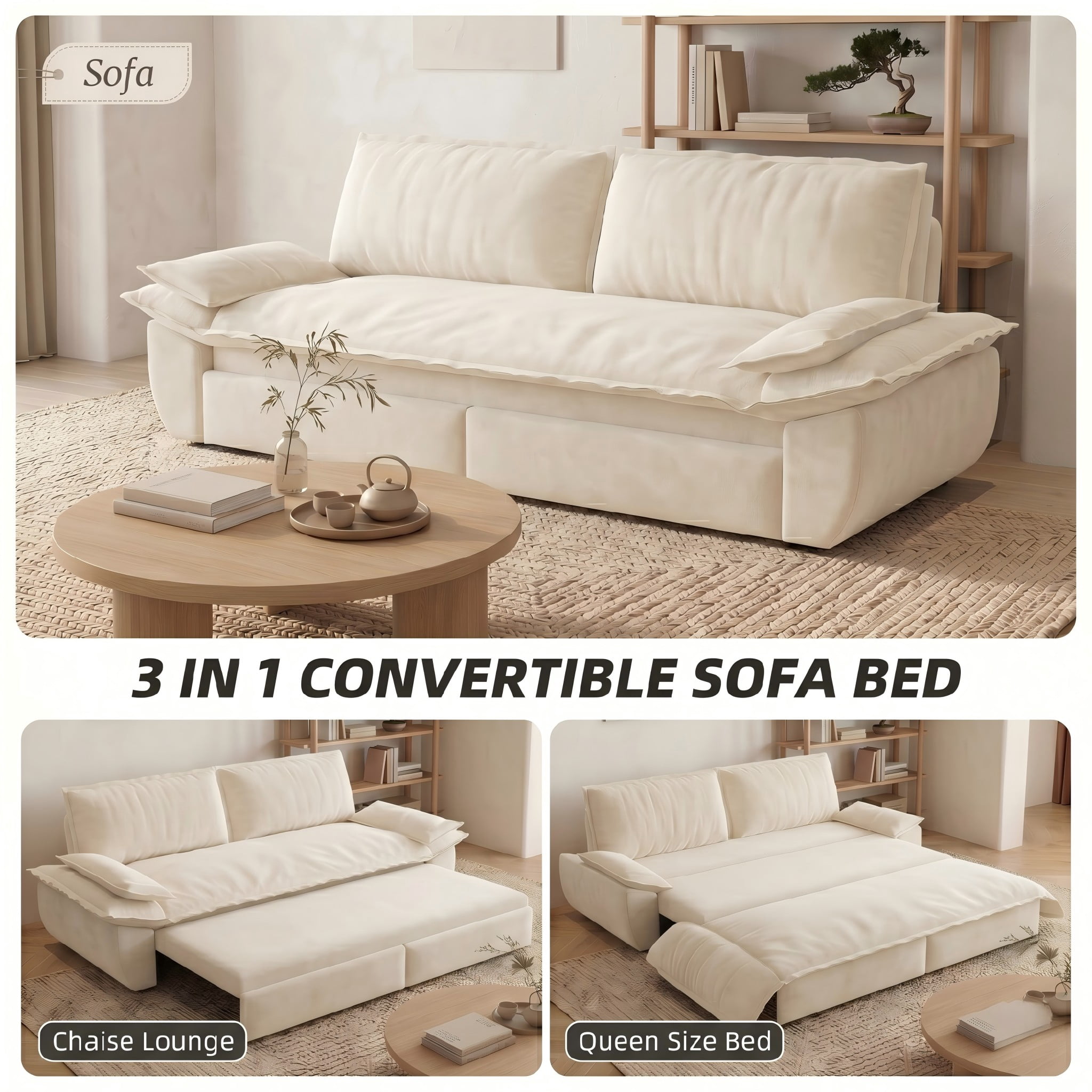 Multi-Functional Velvet 3-in-1 Convertible Sofa Bed, Queen Size Sleeper Loveseat with 2 Pillows, Beige