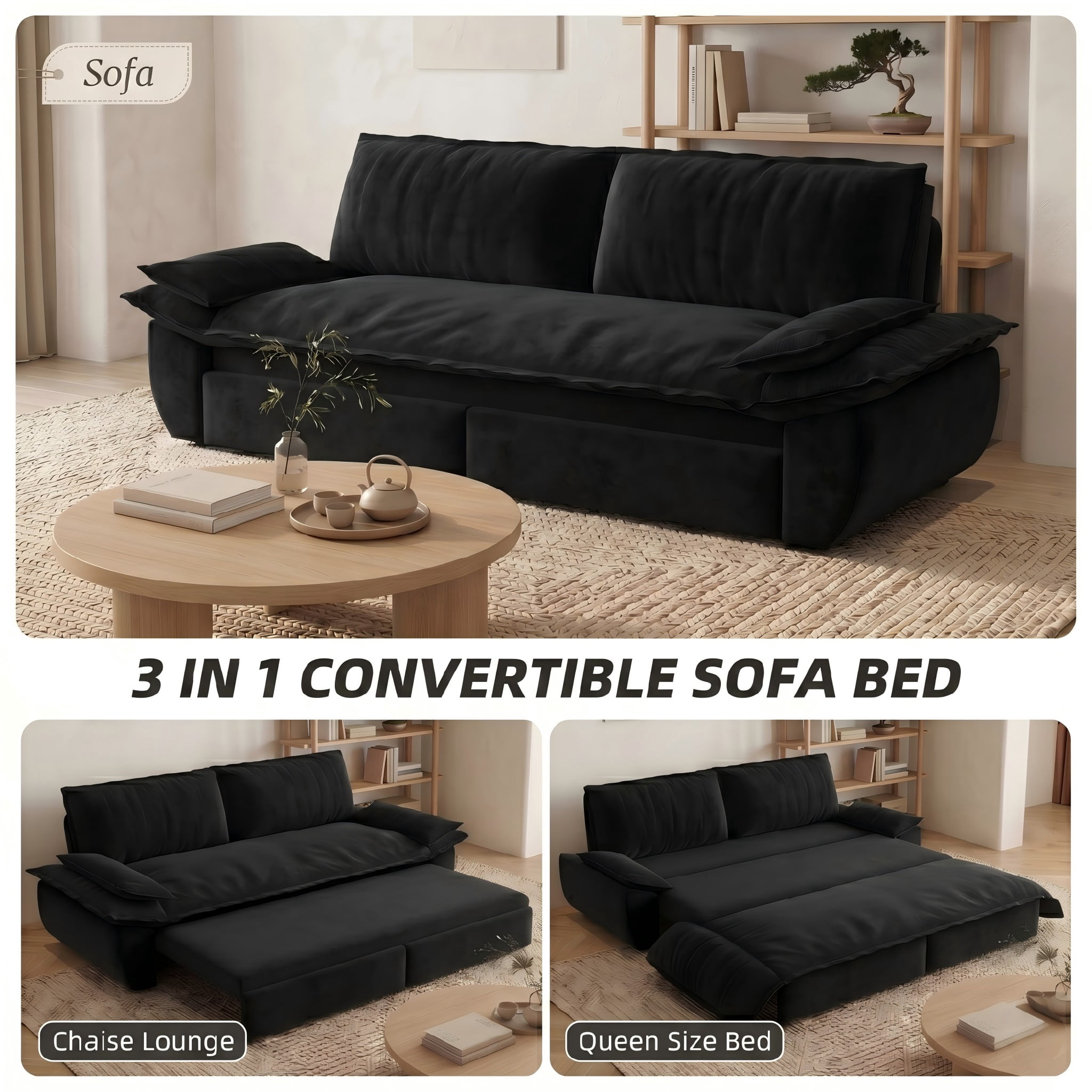 Multi-Functional Velvet 3-in-1 Convertible Sofa Bed, Queen Size Sleeper Loveseat with 2 Pillows, Black