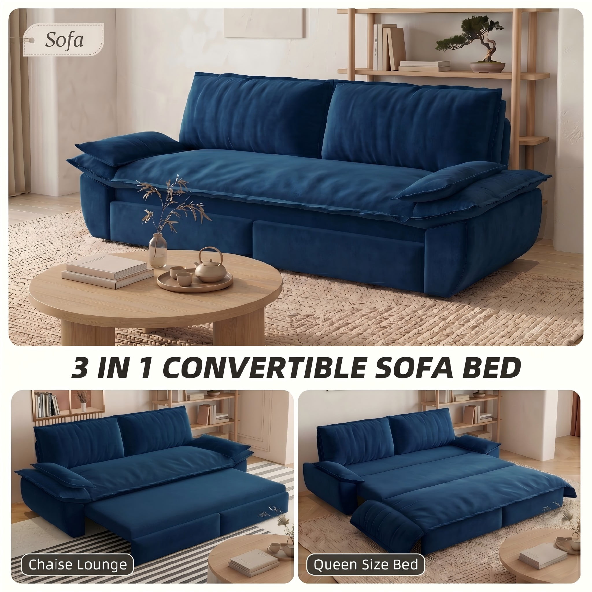 Multi-Functional Velvet 3-in-1 Convertible Sofa Bed, Queen Size Sleeper Loveseat with 2 Pillows, Dark Blue
