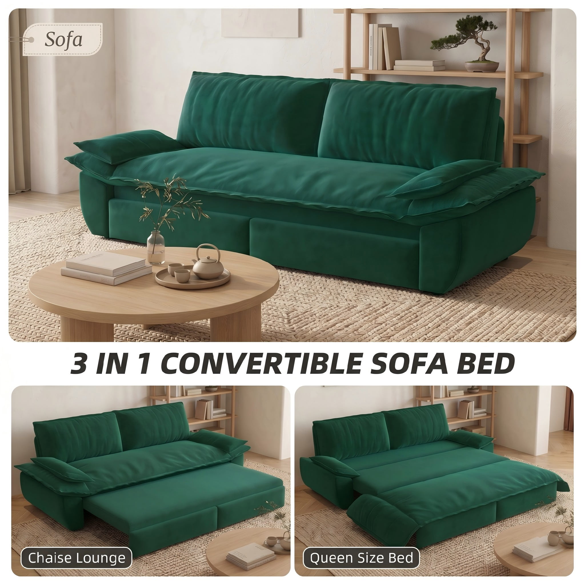Multi-Functional Velvet 3-in-1 Convertible Sofa Bed, Queen Size Sleeper Loveseat with 2 Pillows, Green