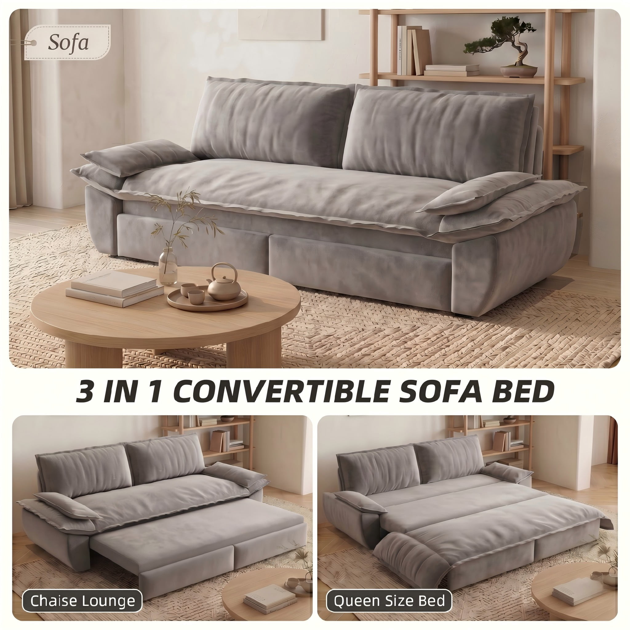 Multi-Functional Velvet 3-in-1 Convertible Sofa Bed, Queen Size Sleeper Loveseat with 2 Pillows, Light Gray