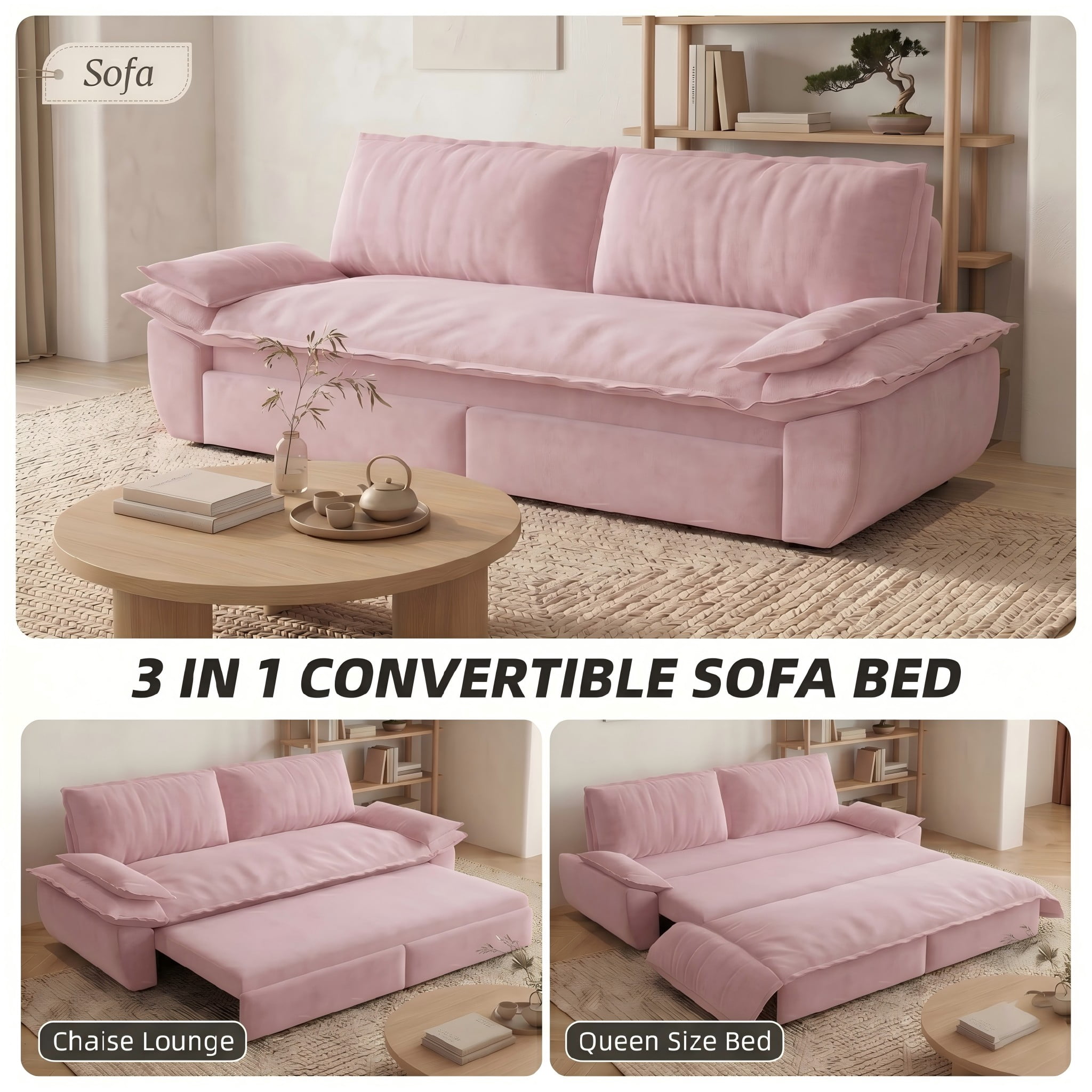 Multi-Functional Velvet 3-in-1 Convertible Sofa Bed, Queen Size Sleeper Loveseat with 2 Pillows, Pink
