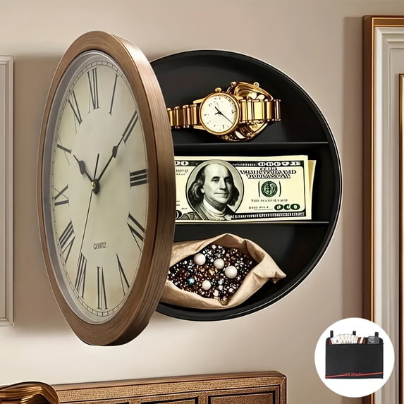 Multi-Functional Wall-Mounted Diversion Safe with Silent Clock | Independent Compartments & Secure Pockets | Hidden Storage for Money & Valuables | Home Office Safe | Perfect New Year Gift