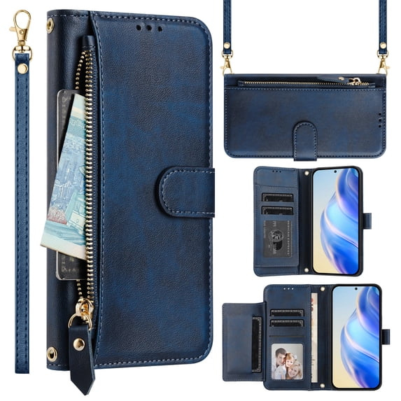 Multi-Functional Wallet Case for Samsung Galaxy A56 5G, Card Slots Retro PU Leather Shockproof Flip Cover with Card Slots Zipper Pocket Kickstand Magnetic Wrist Strap & Shoulder Strap - Blue