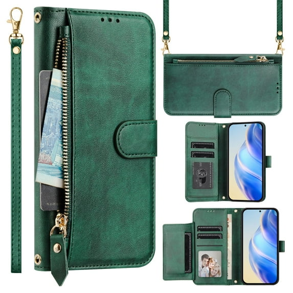 Multi-Functional Wallet Case for Samsung Galaxy S25, Card Slots Retro PU Leather Shockproof Flip Cover with Card Slots Zipper Pocket Kickstand Magnetic Wrist Strap & Shoulder Strap - Darkgreen