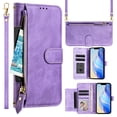 thumbnail image 1 of Multi-Functional Wallet Case for iPhone 14, Card Slots Retro PU Leather Shockproof Flip Cover with Card Slots Zipper Pocket Kickstand Magnetic Wrist Strap & Shoulder Strap - Purple, 1 of 15