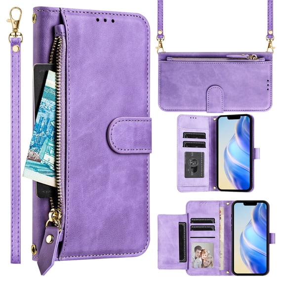 Multi-Functional Wallet Case for iPhone 14, Card Slots Retro PU Leather Shockproof Flip Cover with Card Slots Zipper Pocket Kickstand Magnetic Wrist Strap & Shoulder Strap - Purple