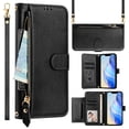 thumbnail image 1 of Multi-Functional Wallet Case for iPhone 14, Card Slots Retro PU Leather Shockproof Flip Cover with Card Slots Zipper Pocket Kickstand Magnetic Wrist Strap & Shoulder Strap - Black, 1 of 16