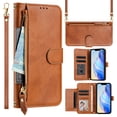 thumbnail image 1 of Multi-Functional Wallet Case for iPhone 14, Card Slots Retro PU Leather Shockproof Flip Cover with Card Slots Zipper Pocket Kickstand Magnetic Wrist Strap & Shoulder Strap - Brown, 1 of 17