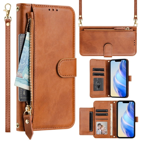Multi-Functional Wallet Case for iPhone 14, Card Slots Retro PU Leather Shockproof Flip Cover with Card Slots Zipper Pocket Kickstand Magnetic Wrist Strap & Shoulder Strap - Brown