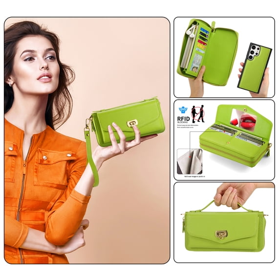 Multi-Functional Wallet Phone Case for Samsung Galaxy S22 Plus with Card Holder RFID Blocking, Lychee Pattern PU Leather Wrist Strap & Lanyard Magnetic Phone Cover with Makeup Mirror, Green