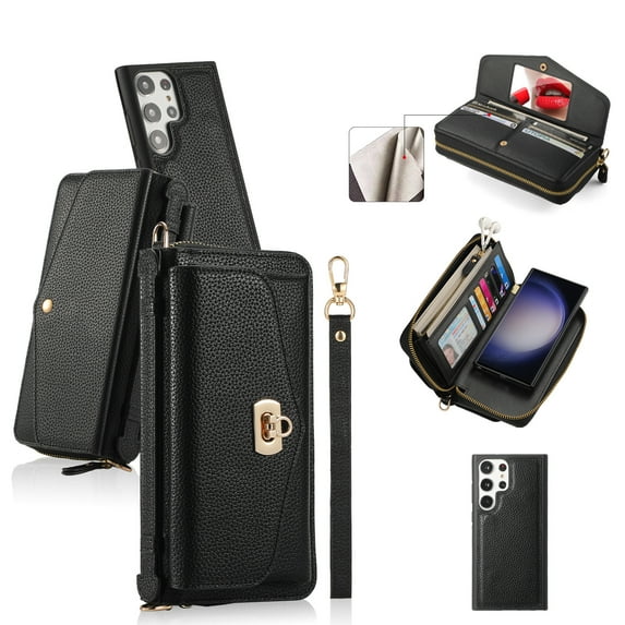 Multi-Functional Wallet Phone Case for Samsung Galaxy S22 Ultra with Card Holder RFID Blocking, Lychee Pattern PU Leather Wrist Strap & Lanyard Magnetic Phone Cover with Makeup Mirror, Black