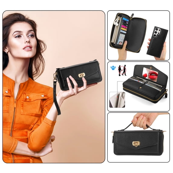Multi-Functional Wallet Phone Case for Samsung Galaxy S23 with Card Holder RFID Blocking, Lychee Pattern PU Leather Wrist Strap & Lanyard Magnetic Phone Cover with Makeup Mirror, Black