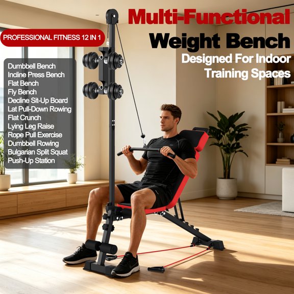 Multi Functional Weight Bench With Pulley System Adjustable Backrest Home Gym Workout Station