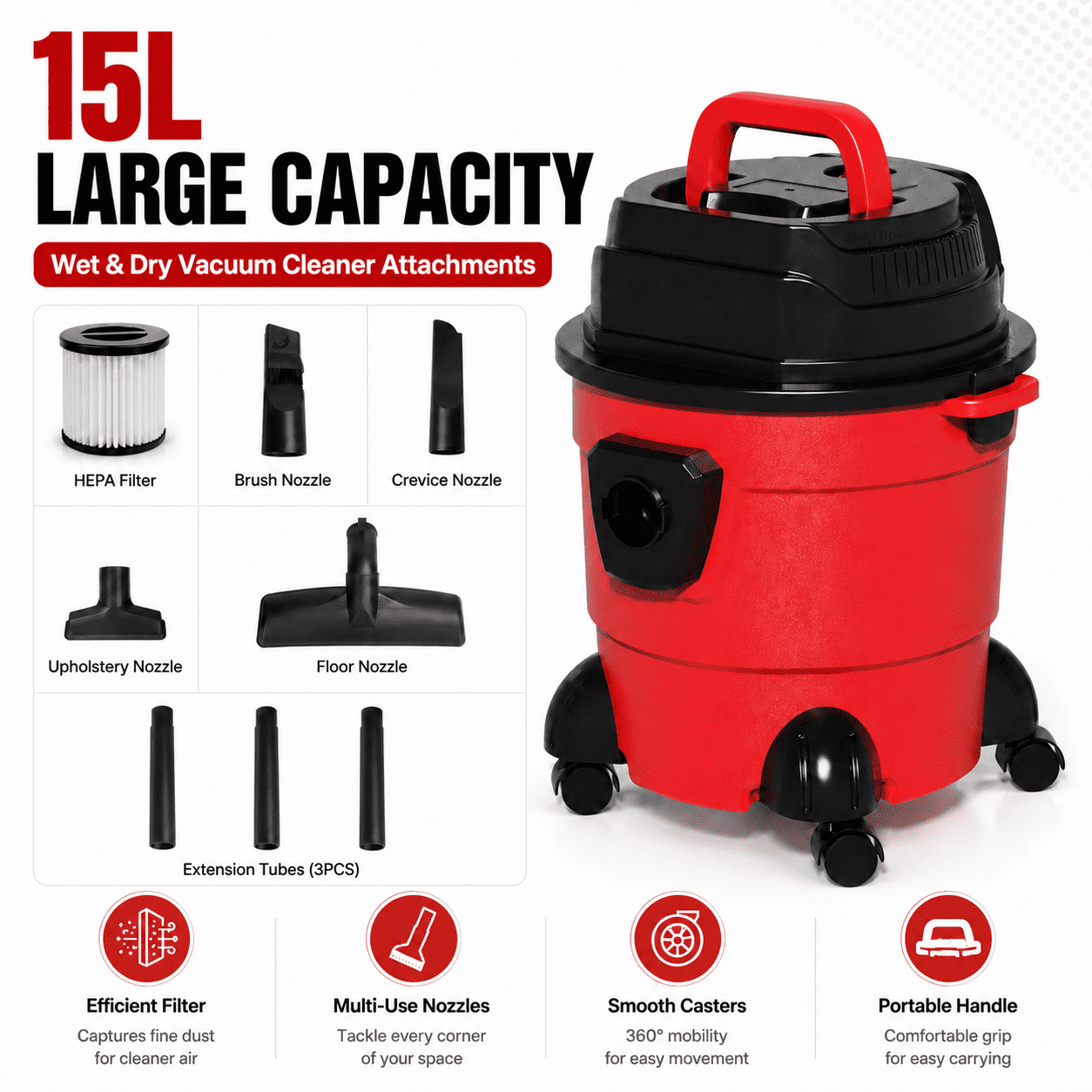 Multi Functional Wet/Dry Vacuum Cleaner with 4m Extended Power Cord,1.6HP Powerful Suction, Lightweight Portable Bucket Design, Ideal for Cars, Home, Garage, Workshop, Pet Hair and Hard Floors