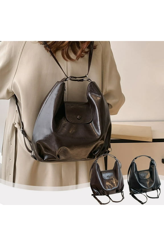 Multi Functional Women's Large Capacity Leather Shoulder Bag | Retro Crossbody Handbag Backpack | Multi-Way Wear for Commuting Travel Casual | Black 11.8x9.8x4.7in | Lightweight Polyester Interior