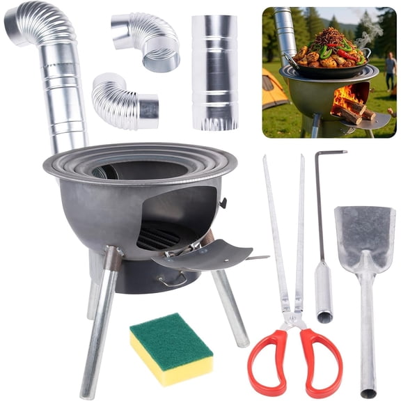 Multi-Functional Wood Burning Stove with Grill Rack, Stainless Steel Portable Camping Wood Stove, Camping Rocket Stove for Outdoor/Backyard Cooking (18.89 in)