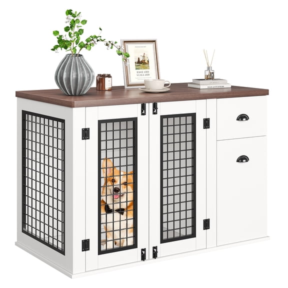 Multi-Functional Wooden Dog Crate Furniture with Drawers & Side Cabinet, Heavy Duty Indoor Kennel End Table with Double Doors for Dogs Up To 60 Lbs