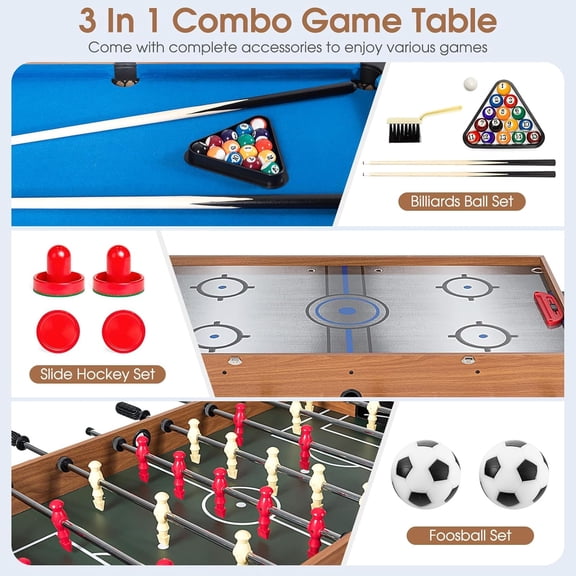 Multi Game Table, 3 in 1 Gaming Table w/Foosball, Billiard & Slide Hockey, Combo Game Table for Home, Game Room, Bars, Party, Family Night