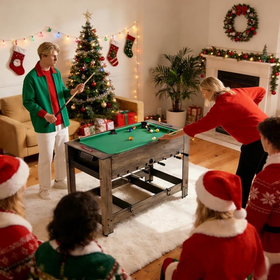 Multi Game Table, 48 Inch Foosball & Billiards 2 in 1 Swivel Combo Game Table with 2 Balls, Space-Saving Design for Family Night, Game Room, Party