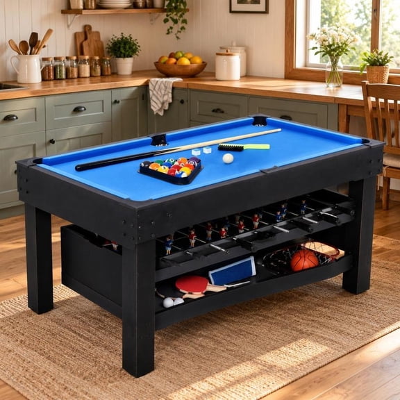 Multi Game Table, 5-In-1 with Billiards, Foosball, Table Tennis, Push Hockey and Basketball, for Game Room, Black and Blue