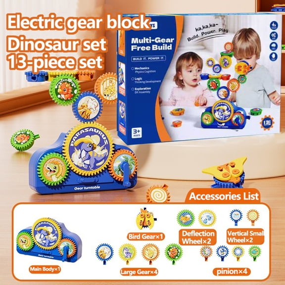 Multi-Gear Free Build Mechanics Logic-Exploration Electric Gear Blocks Toy For Kids, Dinosaur Themed, Includes 1 Base And 13 Gears, Stem Learning Toy For Boys, Girls, Birthday