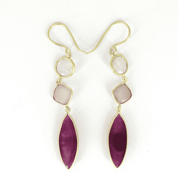Maya Dangle Multi Gemstone Natural Red Jade Rose Quartz Moonstone  18k Gold Plated Earrings