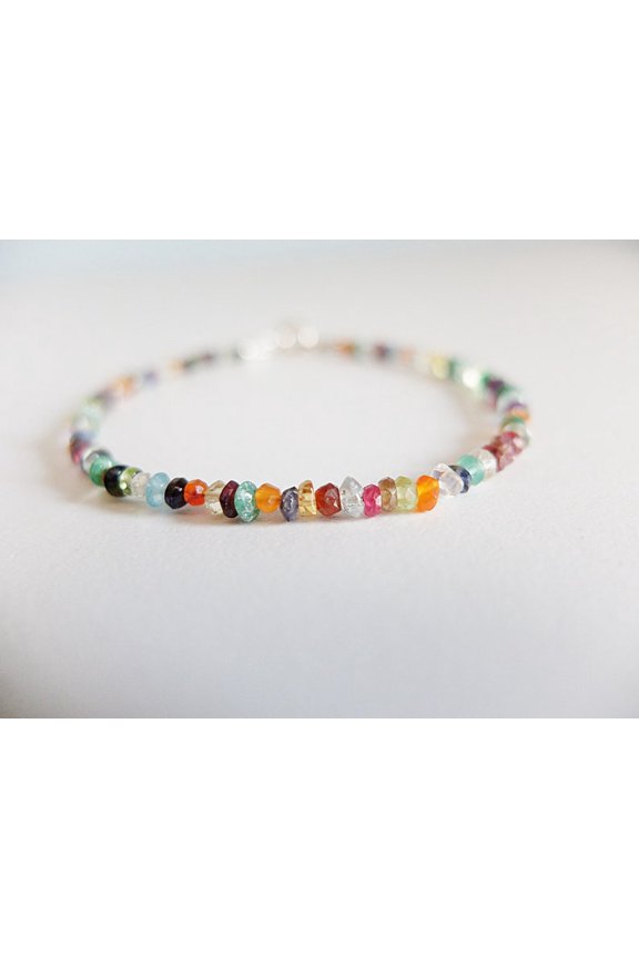 Multi Gemstone 2-2.5mm Rondelle Shape Rough Cut Beads 7 inch Silver Plated Clasp Bracelet for men, women, unisex. Link Chain Stacking Bracelet.|LINK_04839