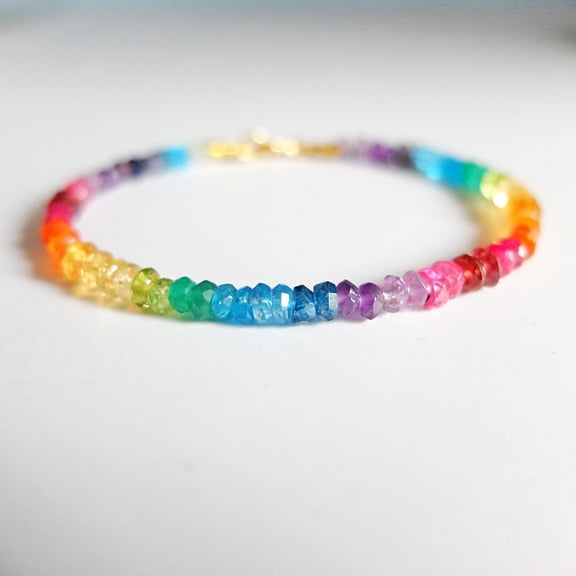 Multi Gemstone 3mm Rondelle Shape Faceted Cut Beads 7 inch Gold Plated Clasp Bracelet for men, women, unisex. Link Chain Stacking Bracelet.|LINK_04883