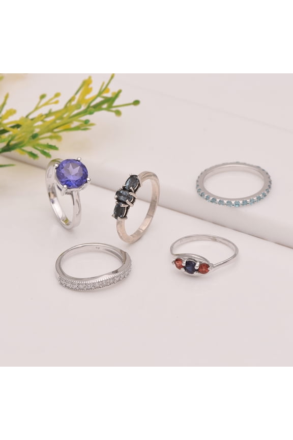 Multi Gemstone 5 Combo Set 925 Sterling Silver Women Wedding Ring Jewelry