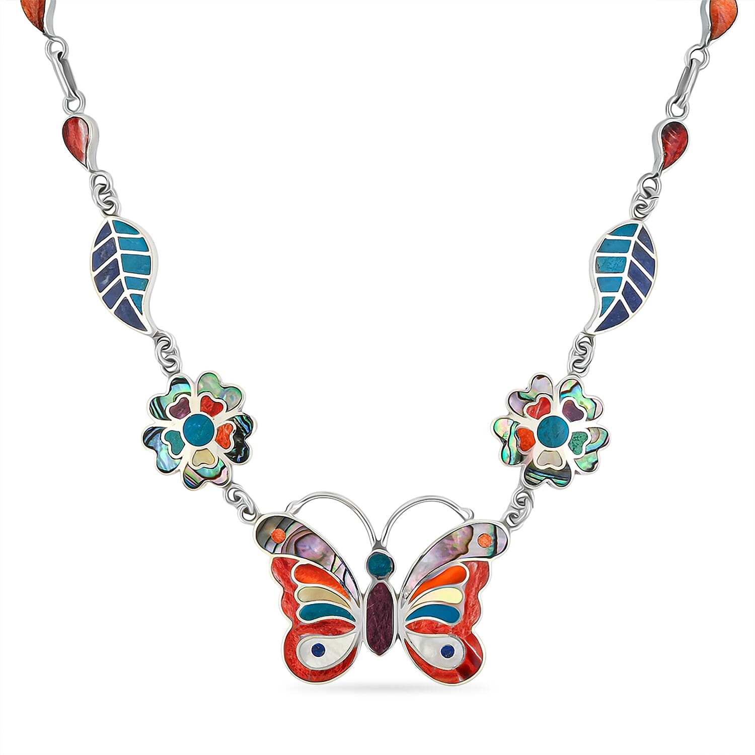 Multi Gemstone 54.00 ctw Rainbow Ema Butterfly Necklace Silver 18"