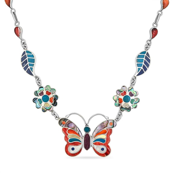 Multi Gemstone 54.00 ctw Rainbow Ema Butterfly Necklace Silver 18"