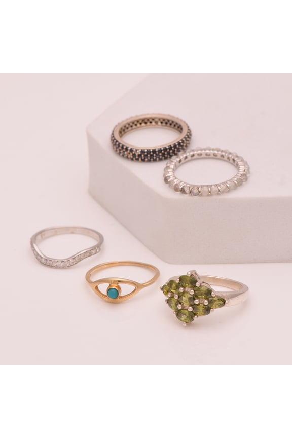 Multi Gemstone 925 Sterling Silver Cluster Eternity Stackable Women Gifts Ring 5 Pcs Combo