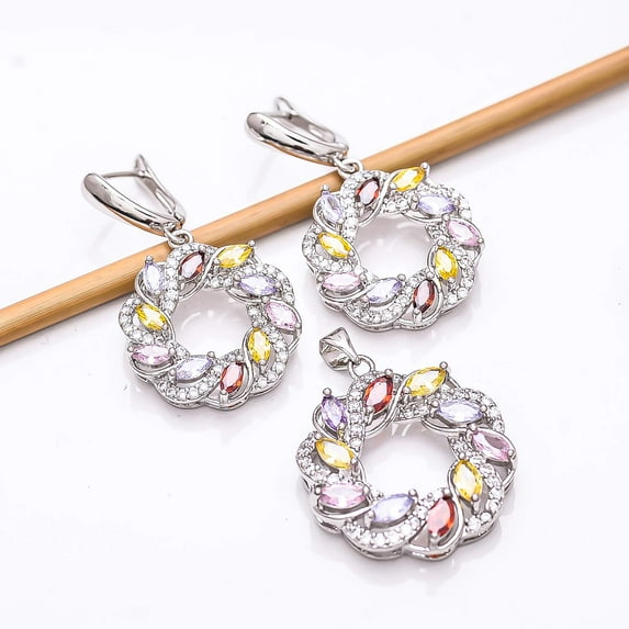 Multi Gemstone, CZ 925 Sterling Silver Platinum Plated Pendant Earring Set PS8287, Multi Gemstone Pendant Earring Set, Gift For Her, Marquish Pendant