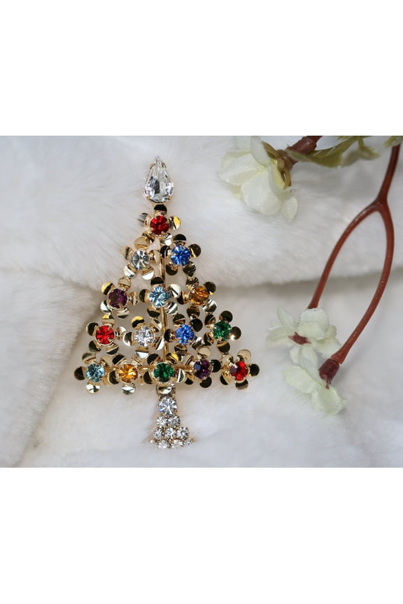 Multi-Gemstone Christmas Tree Pin in Gold-Tone, Rhinestone Xmas Tree Brooch