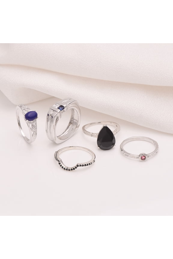 Multi Gemstone Combo 5 Pcs 925 Sterling Silver Solitaire Stackable Women Gifts Ring