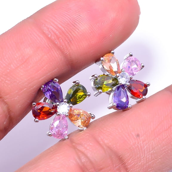 Multi Gemstone & Cubic Zirconia 925 Sterling Silver Flower Earring 0.78" E674624 , New Year Gift, New Year Sale, Valentin's Day Gift