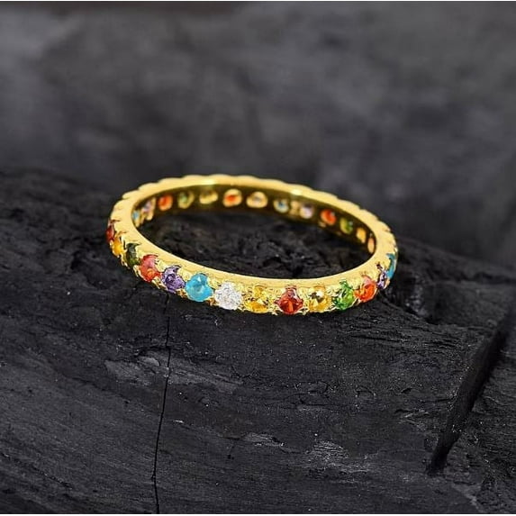 Multi Gemstone Eternity Wedding Engagement Band Ring 925 Sterling Silver Yellow Gold Plated Gemstone Jewelry For Women Gift