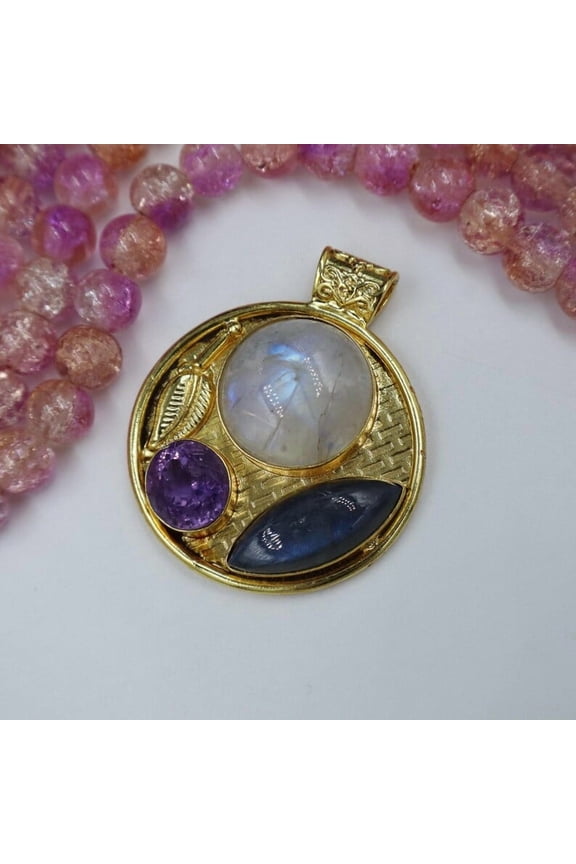 Multi Gemstone Labradorite Amethyst & Moonstone Big Brass Pendant Handmade Brass Unique Boho Gold Plated Textured Tribal Gypsy Pendant