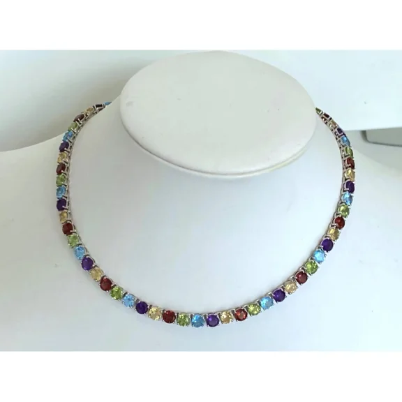 Multi Gemstone Round Tennis Necklace Platinum Over 925 Sterling Silver
