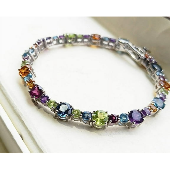Multi Gemstone Tennis Bracelet in Sterling Silver, Women Multicolor Round Shape Bracelet,gift for her