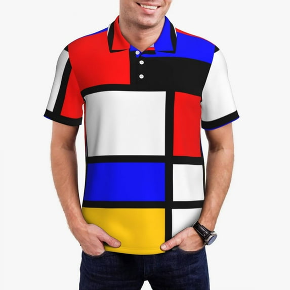 Multi Geometric Print Polo Shirts Man Art Mondrian Style Casual Shirt Summer Fashion Colla