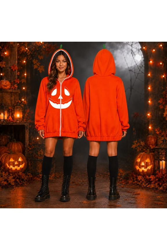 Multi Graphic Zip Up Outerwear, Scary Fangs Pumpkin Face Hooded Zip Jacket, Oversized Mid Length Halloween Sweatshirt With 3D Stem Hood, Multiple Spooky Graphic Print Holiday Outerwear, Black 3XL